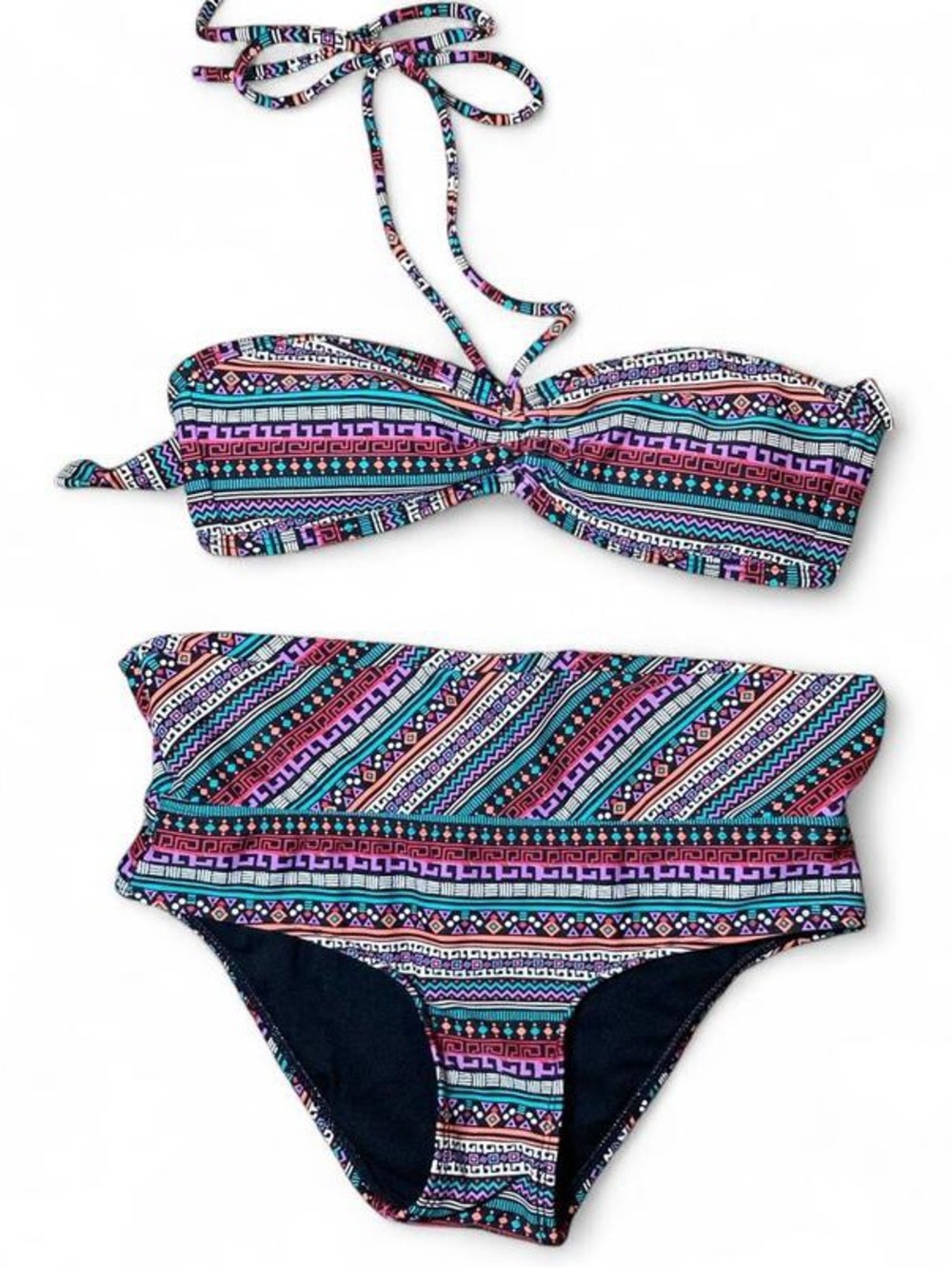 Kirra BoHo Multicolored Geometric Aztec Print Bandeau Halter Bikini Set XS